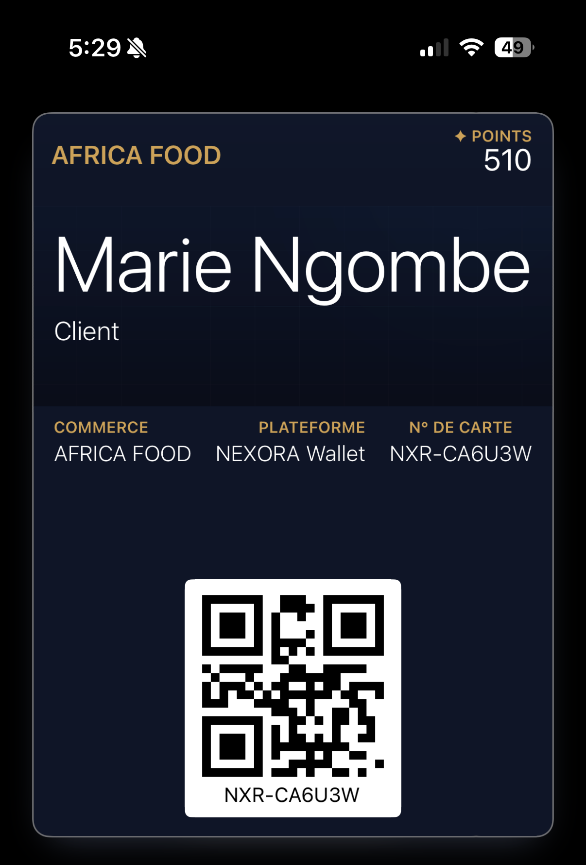 Carte de fidélité Nexora Wallet dans Apple Wallet sur un iPhone