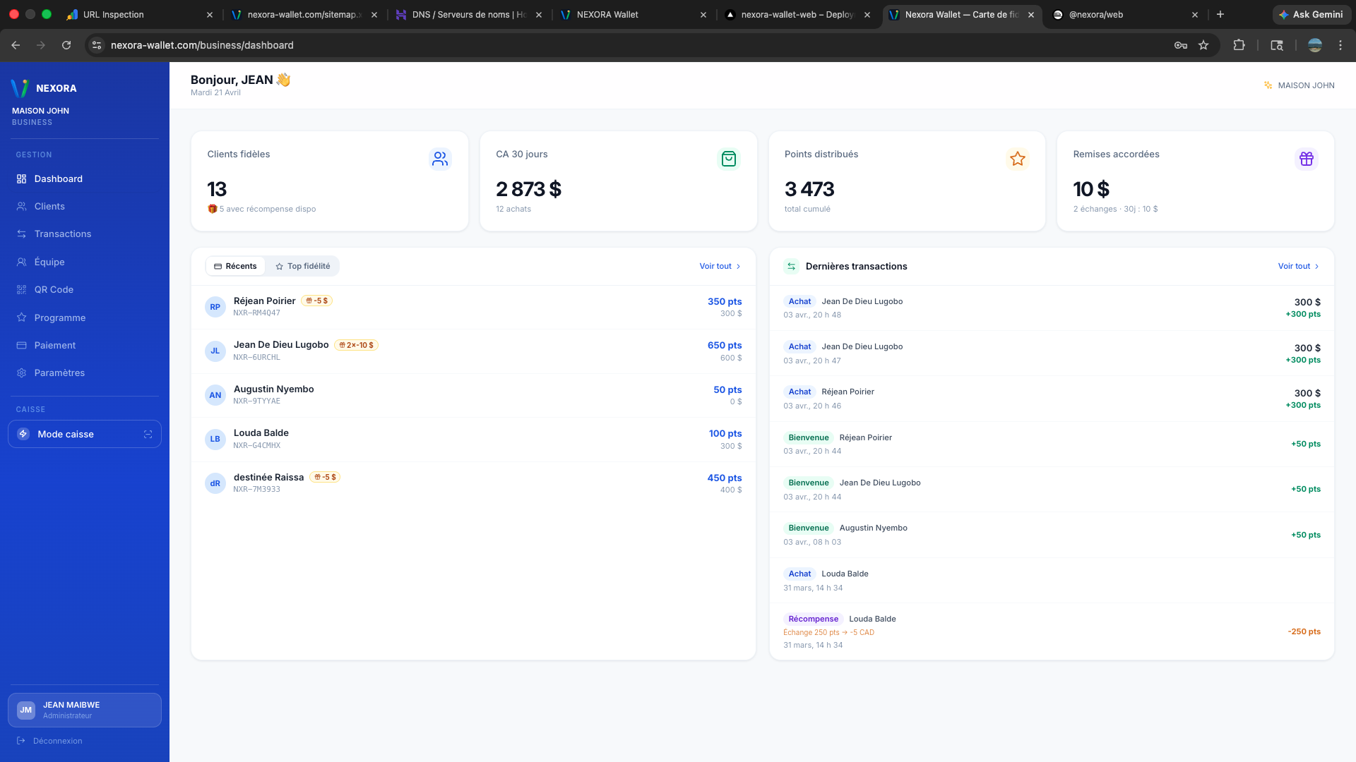 Tableau de bord commerçant Nexora Wallet — vue desktop