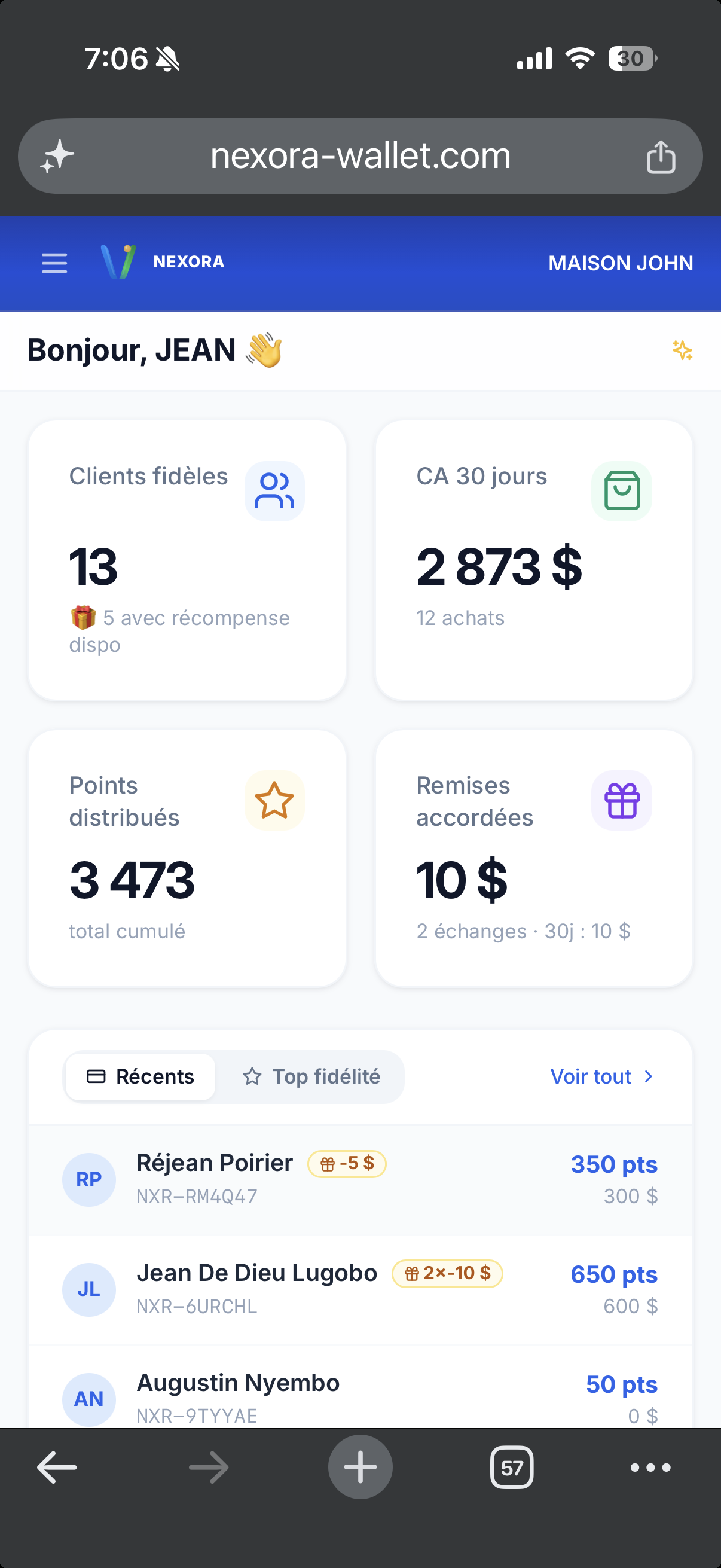 Tableau de bord commerçant Nexora Wallet — vue mobile